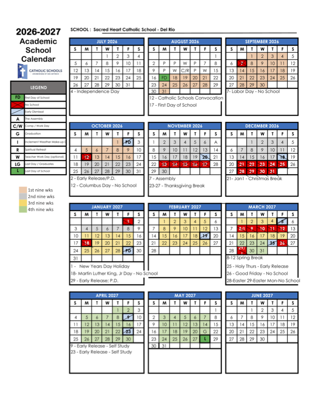 Yearly Calendar - Sacred Heart Catholic School